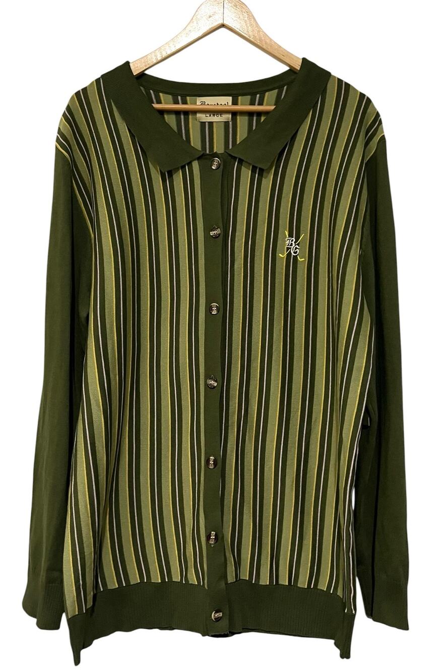 Barstool Golf Sweater Cardigan Olive Green Stripe Button Up Long Sleeve Sz L